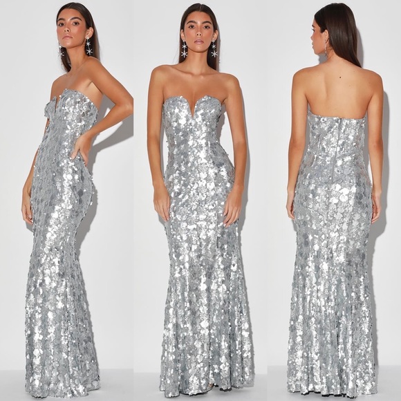 Lulus Dresses & Skirts - Silver Sequin Strapless Mermaid Maxi Dress